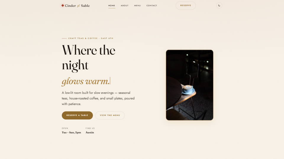 Cinder and Sable coffee and tea lounge sample website home page