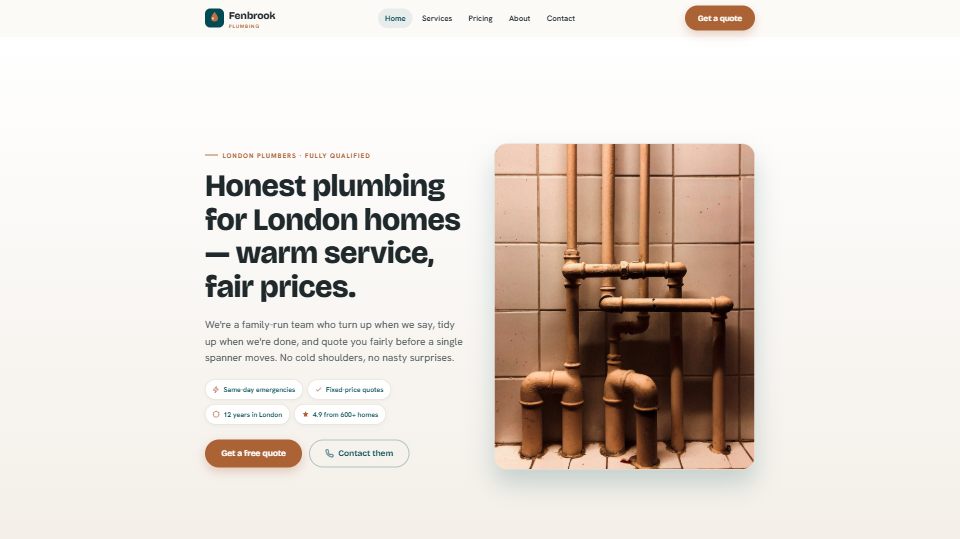 Fenbrook Plumbing sample website home page